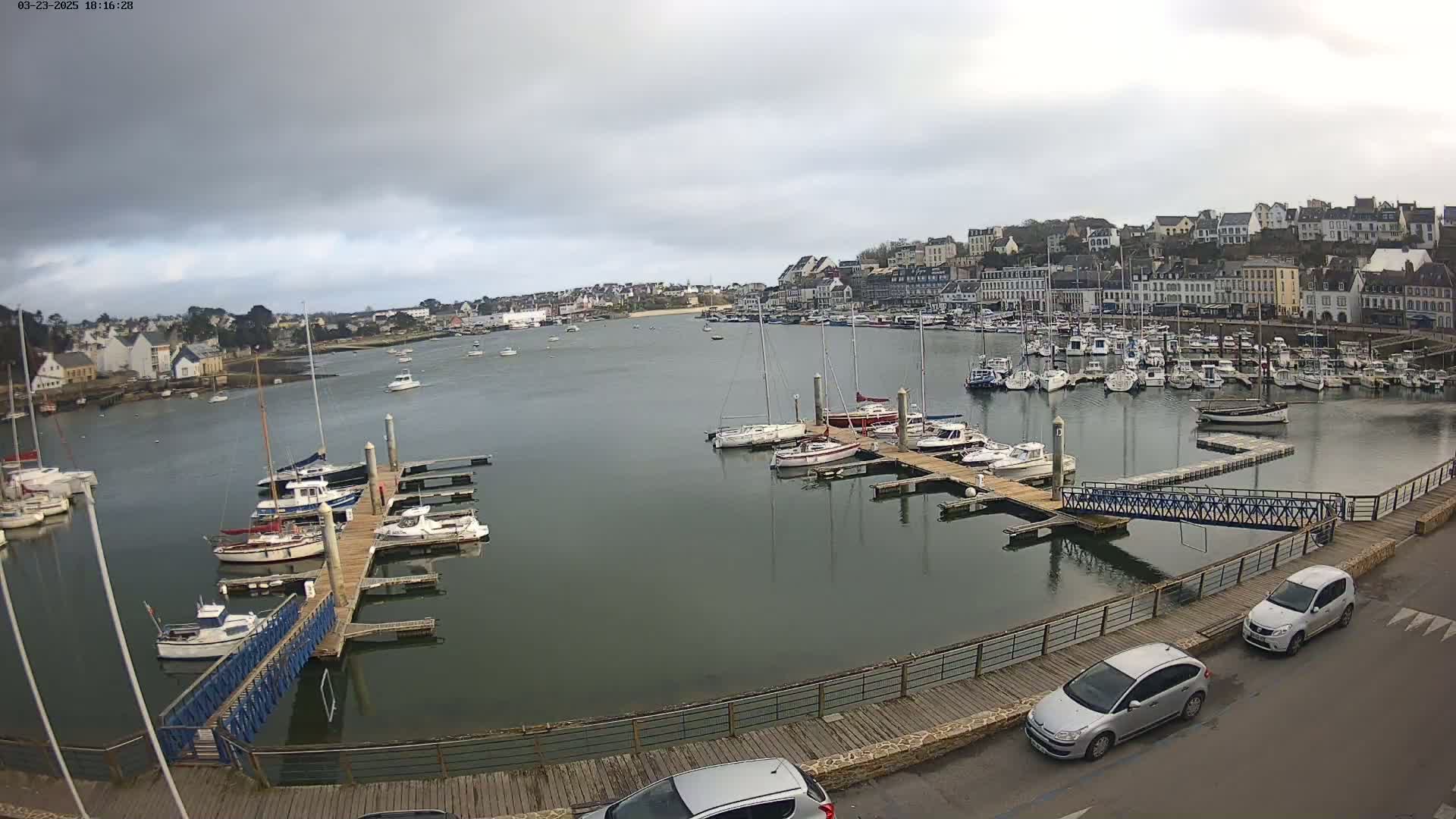 A harbor filled with numerous boats docked at piers, under an overcast sky, is viewed from an elevated position overlooking a waterfront with parked cars.