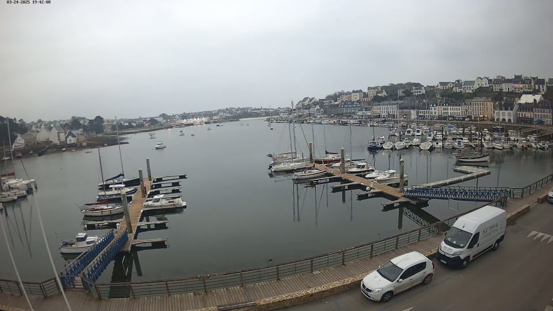 A harbor filled with numerous boats and yachts is seen on an overcast day, with a town's buildings in the background.