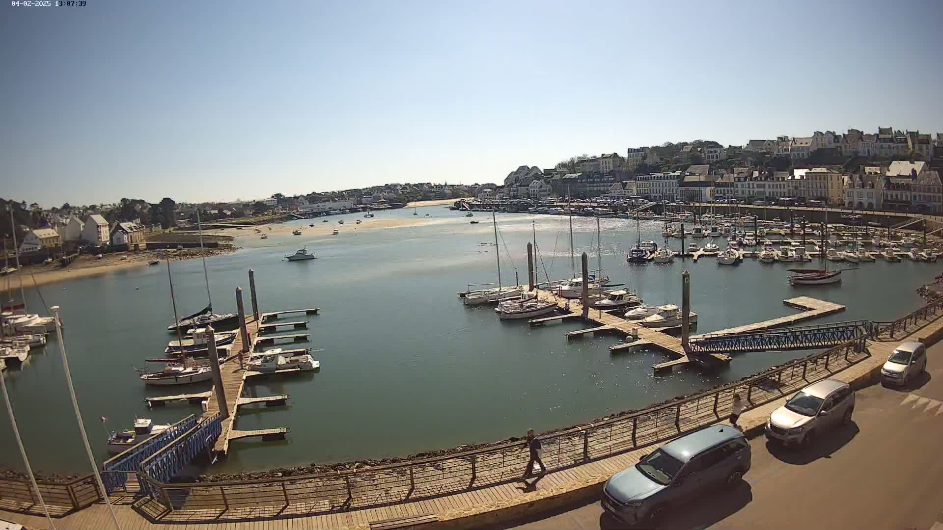 A harbor filled with sailboats and motorboats on a sunny day, with a town visible in the background.