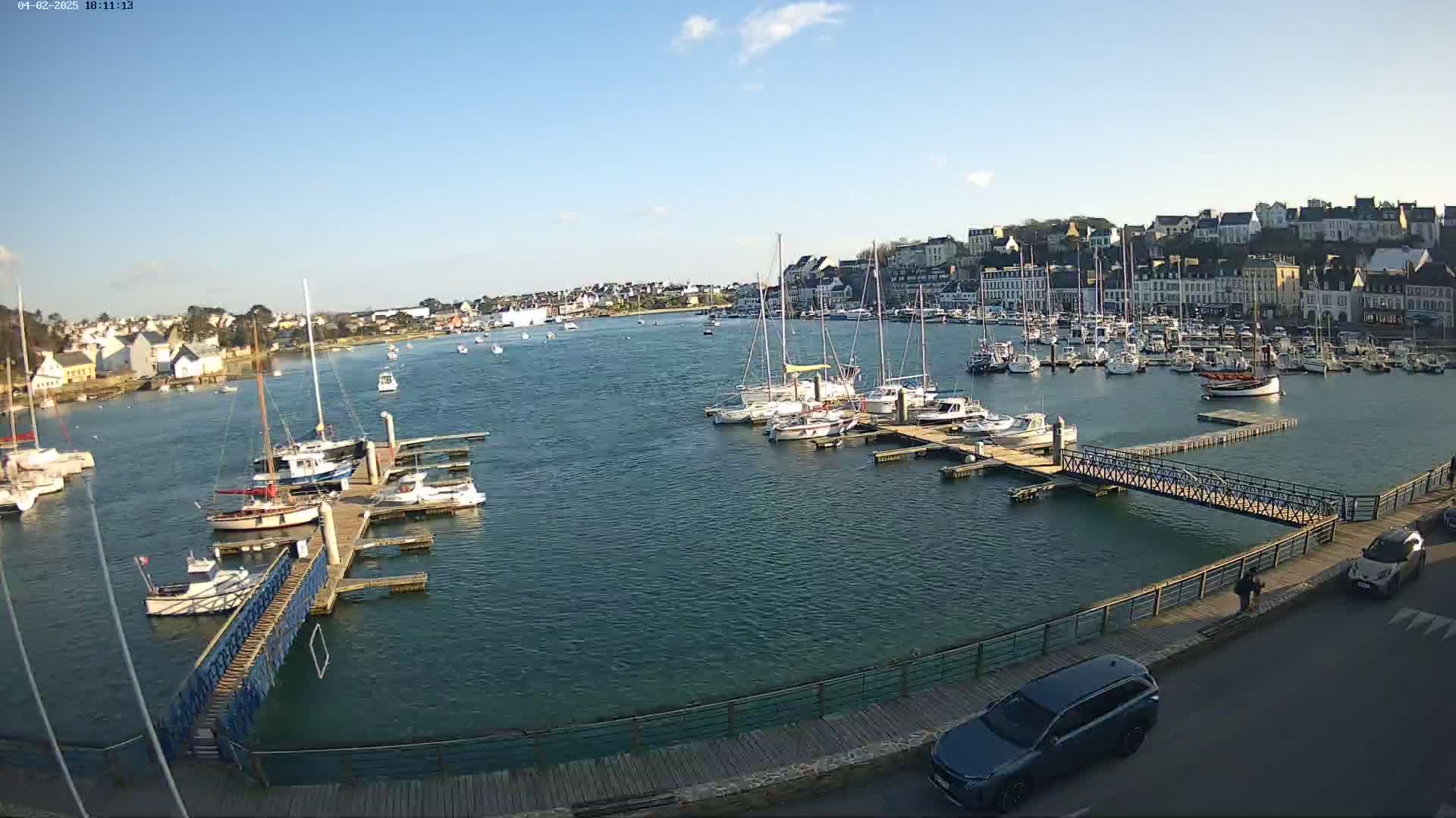 A harbor filled with sailboats and motorboats on a sunny day, with a town visible in the background.