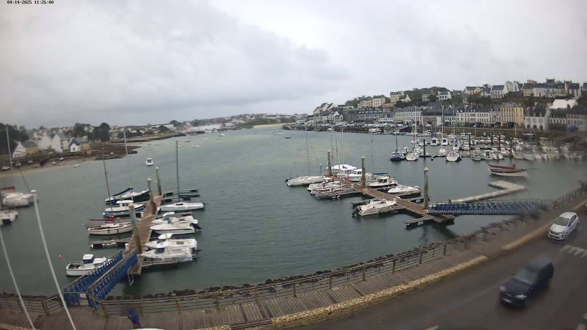 A harbor filled with numerous sailboats and motorboats is seen on an overcast day, with a town's buildings visible in the background.