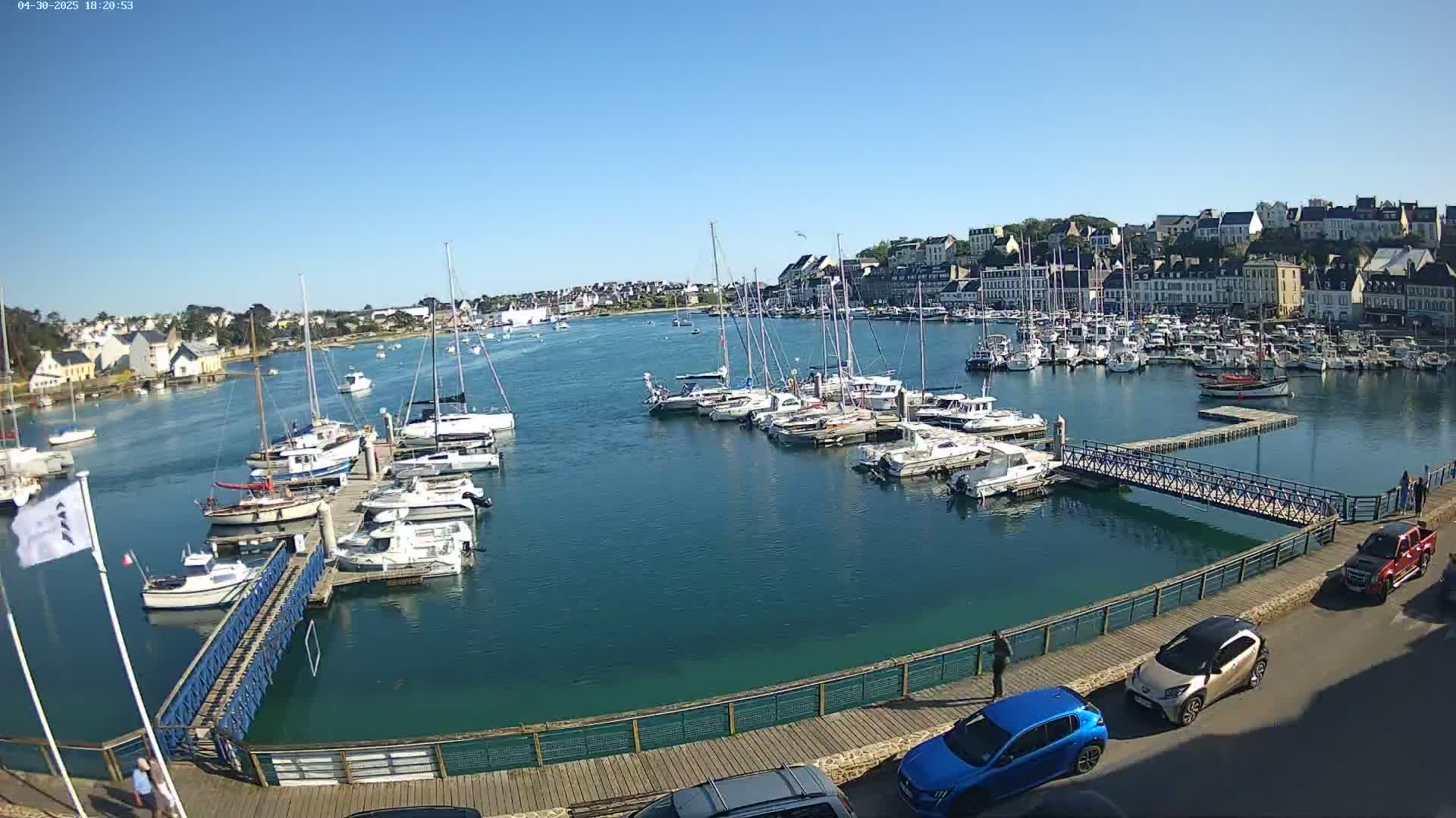 A marina filled with sailboats and motorboats is situated near a town under a clear blue sky.