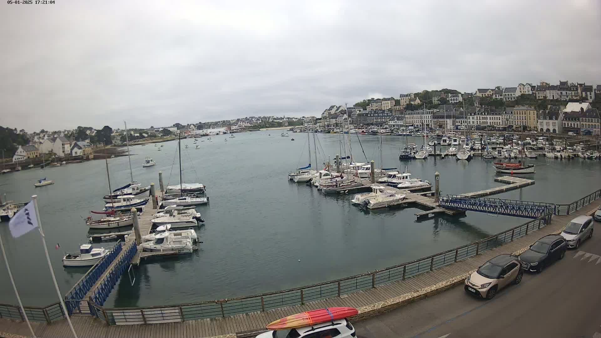 A harbor filled with numerous boats and yachts under an overcast sky, with a town of buildings visible in the background.
