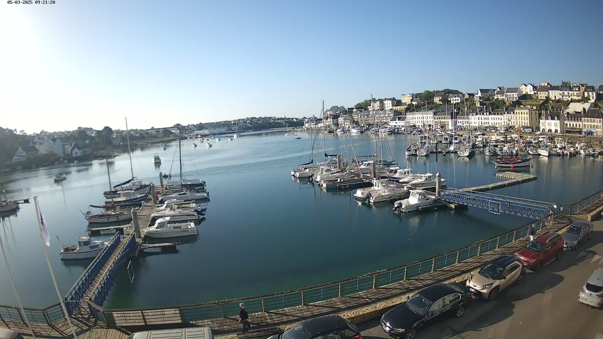 A harbor filled with numerous boats and yachts under a clear, sunny sky is overlooked by a town of buildings situated on a hillside.
