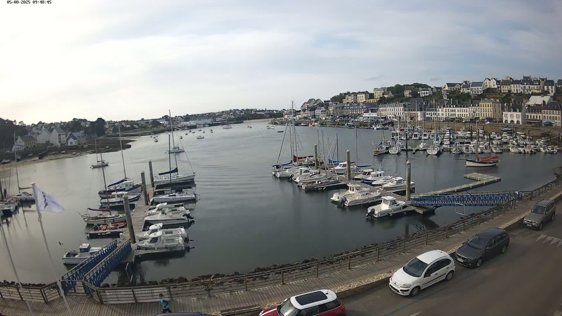 A harbor filled with numerous sailboats and motorboats is nestled beside a town of white buildings under a mostly cloudy sky.