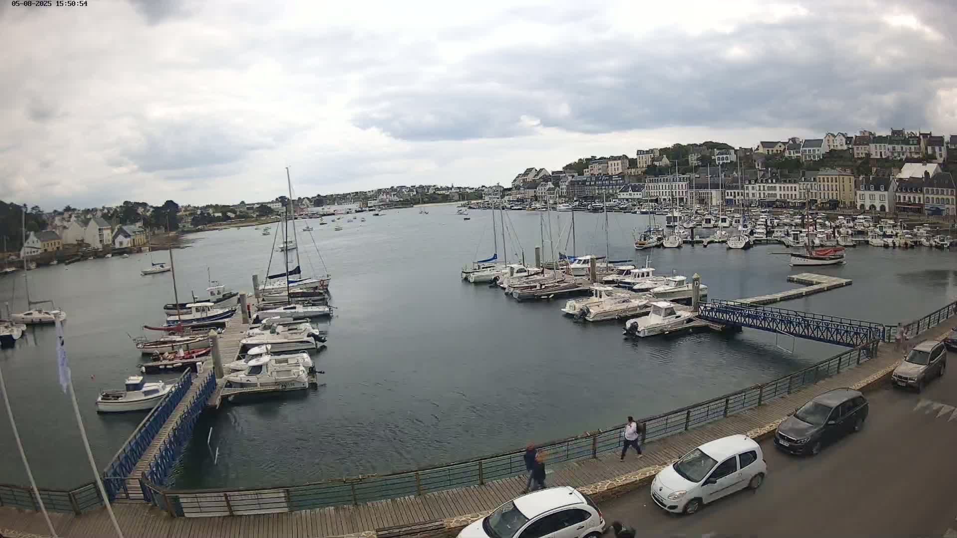 A harbor filled with numerous boats and yachts under a cloudy sky, with a town visible in the background and people walking along a boardwalk.