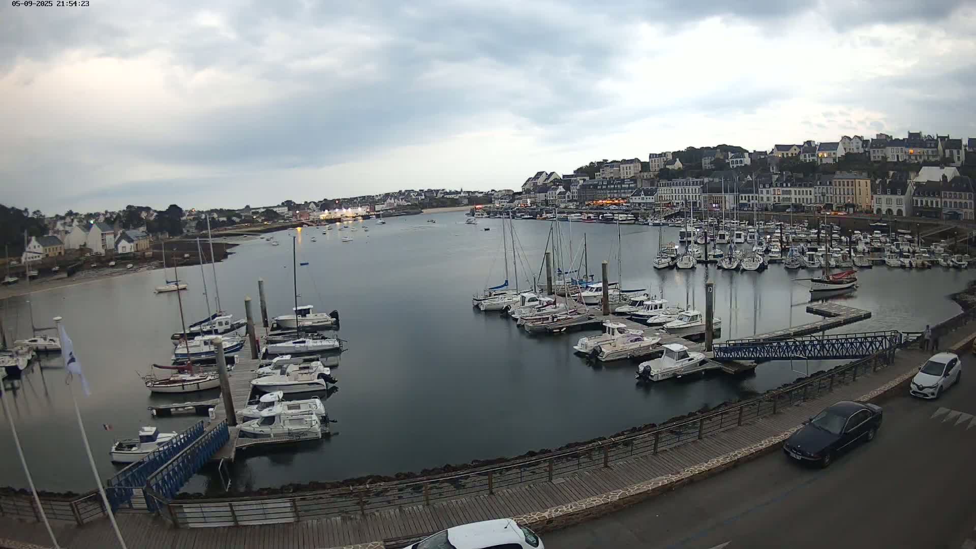 A harbor filled with numerous boats is situated in front of a town under a cloudy sky.