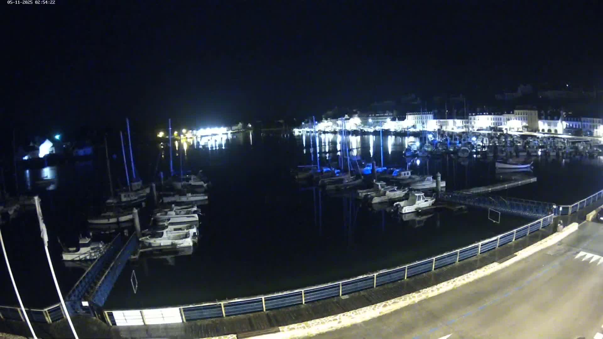 Many boats are moored in a harbor at night, with a town's lights reflecting on the calm water.
