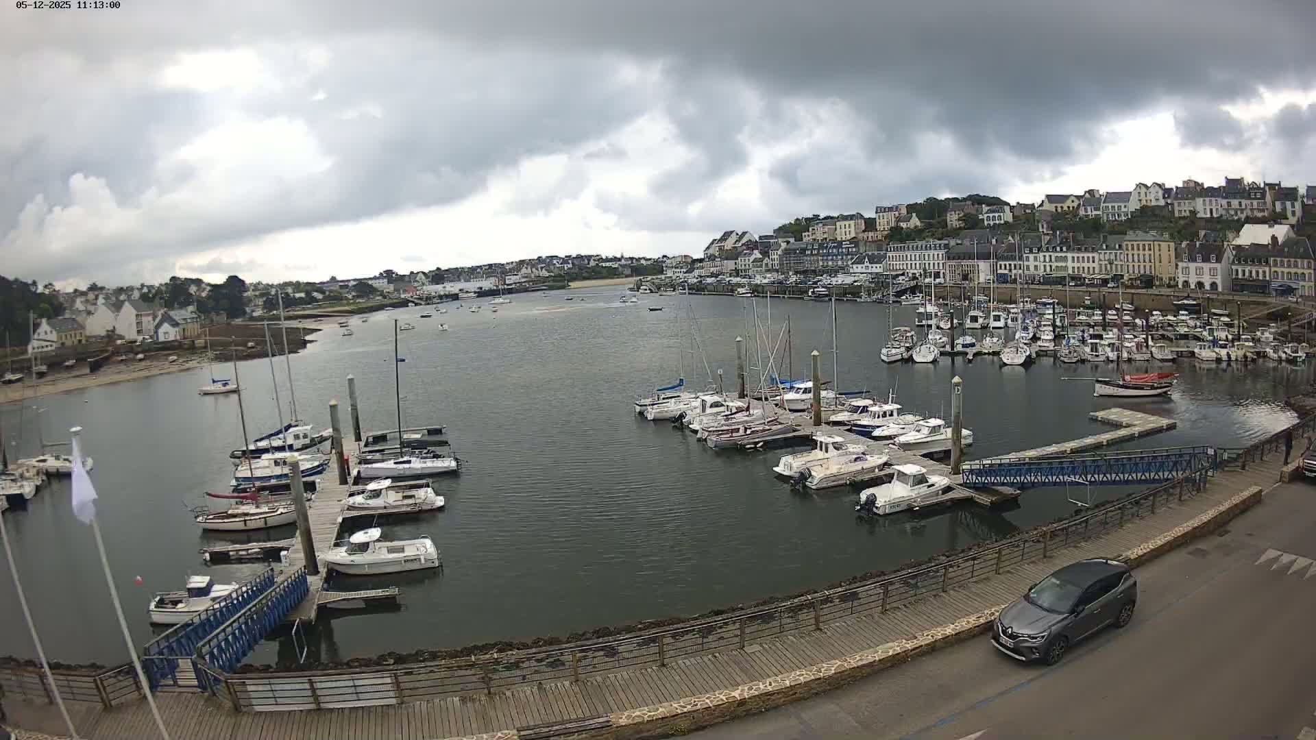 A harbor filled with numerous boats is situated under a cloudy sky, next to a town with buildings lining the shoreline.