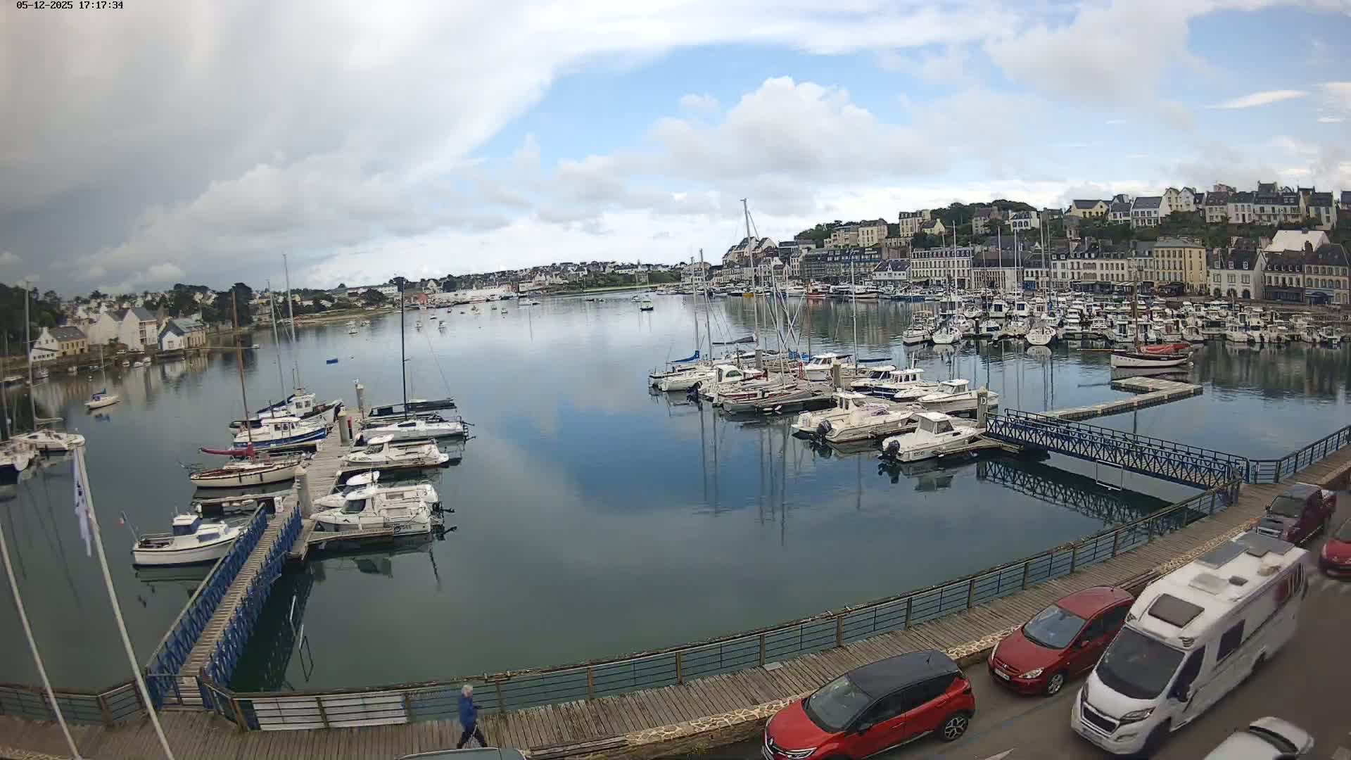 A harbor filled with numerous boats under a partly cloudy sky, with a town visible in the background.