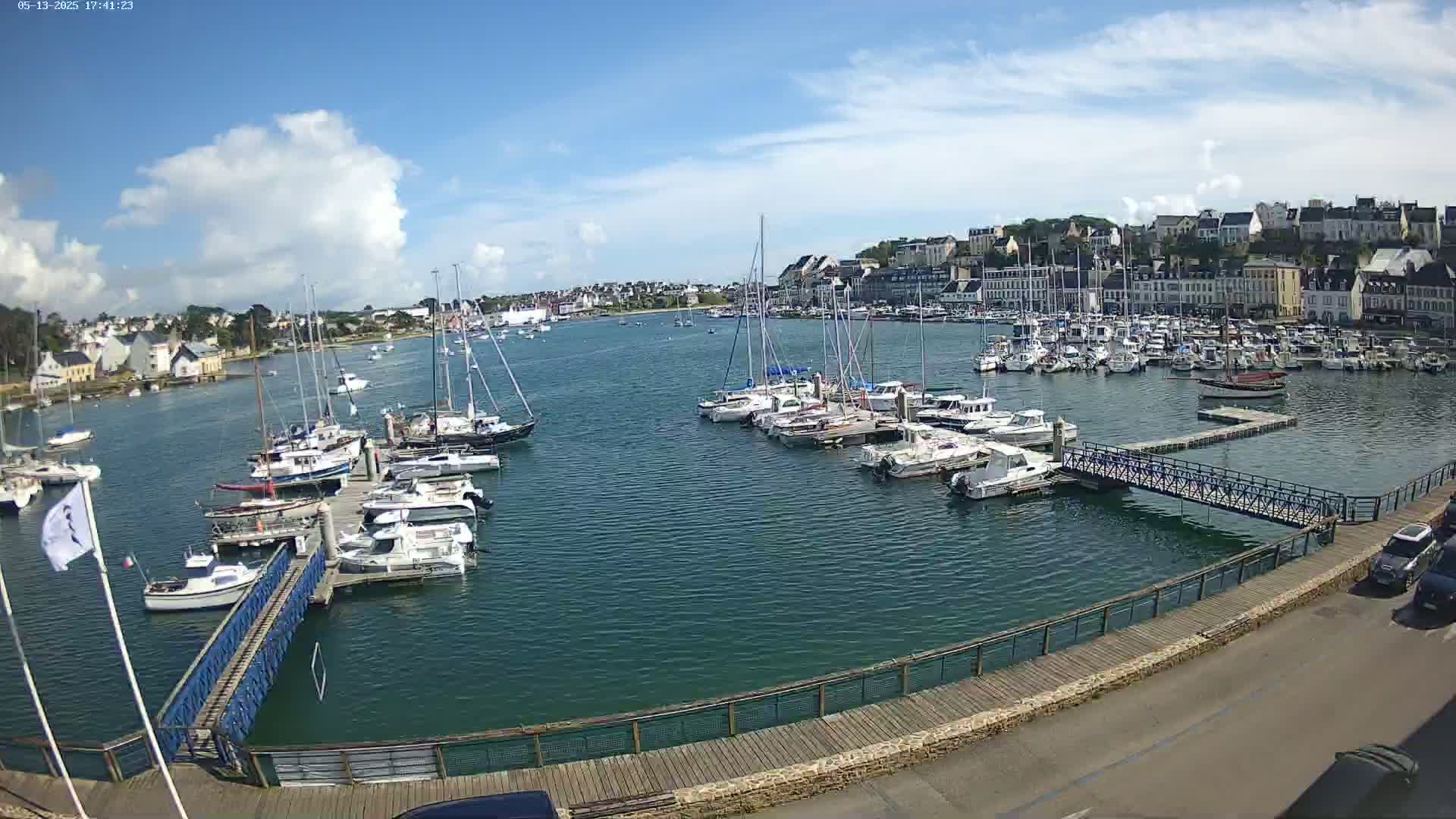A harbor filled with sailboats and motorboats on a partly cloudy day, with a town visible in the background.