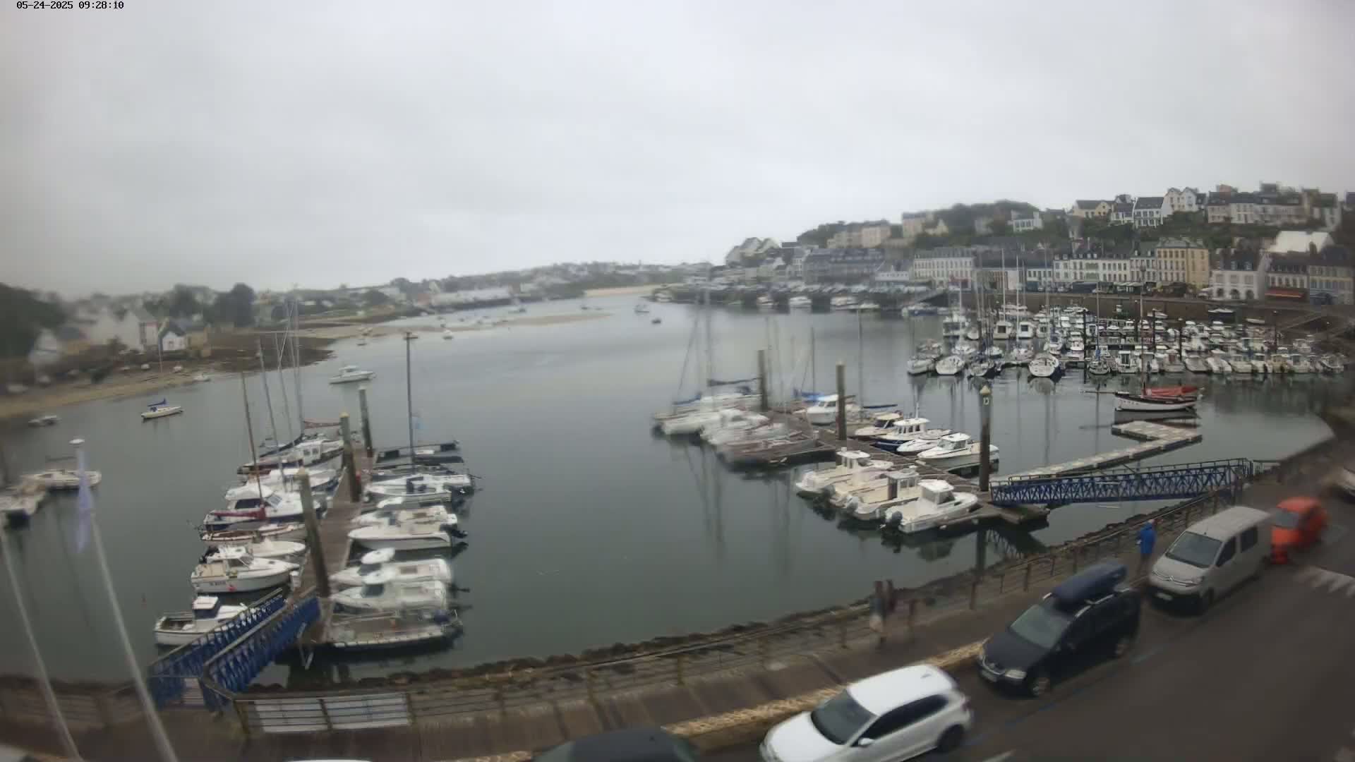 A harbor filled with numerous boats on a cloudy day is viewed from a high vantage point, with cars visible on a road beside the water.
