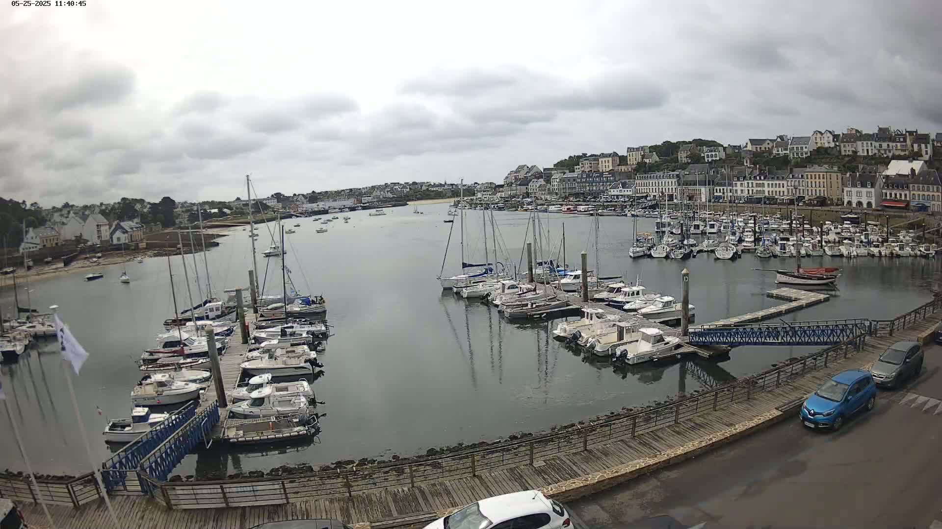 A harbor filled with many sailboats and motorboats under a cloudy sky, with a town visible in the background.