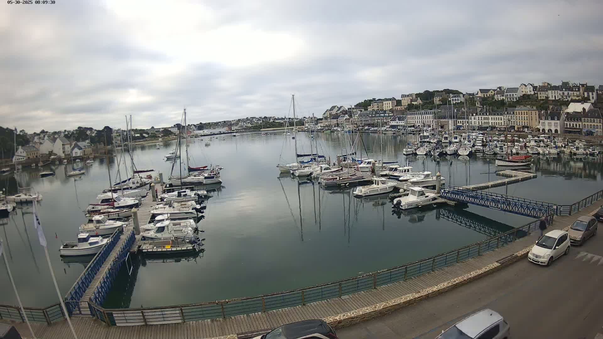 A harbor filled with numerous sailboats and motorboats under a cloudy sky, with a town situated on a hillside in the background.