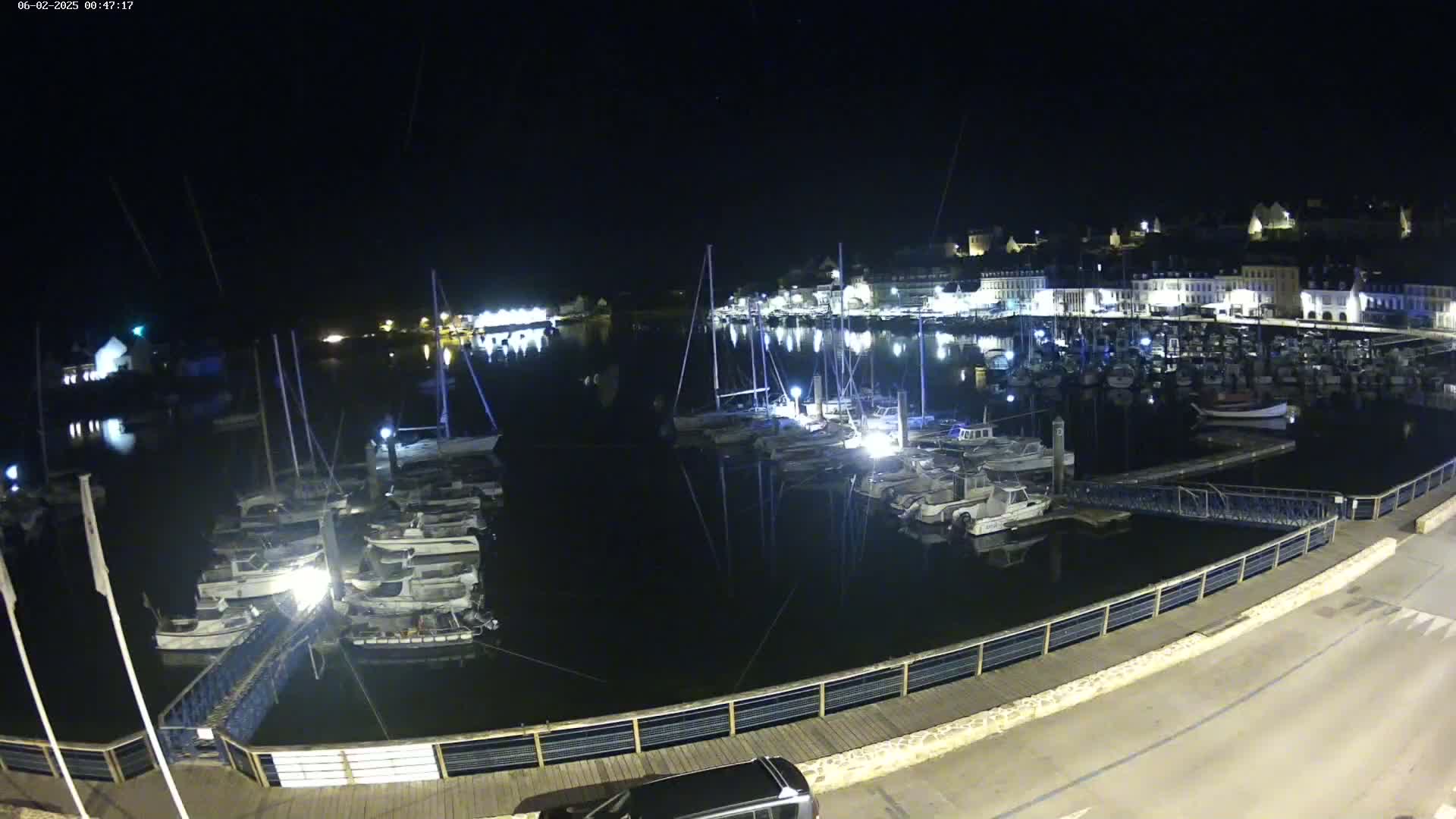 A nighttime view of a harbor filled with many boats moored at a dock, with a town's lights reflecting on the calm water.