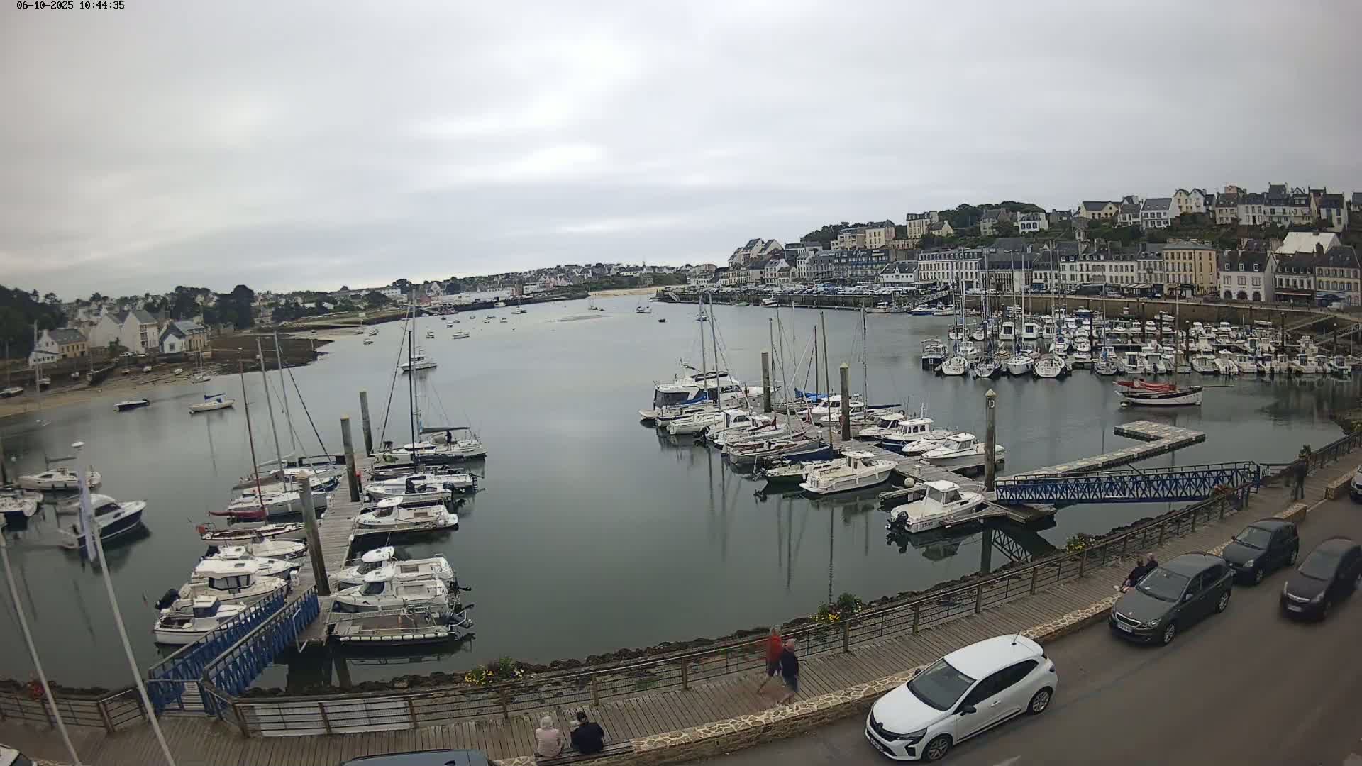 A harbor filled with numerous boats is shown under an overcast sky, with a town and waterfront buildings in the background.