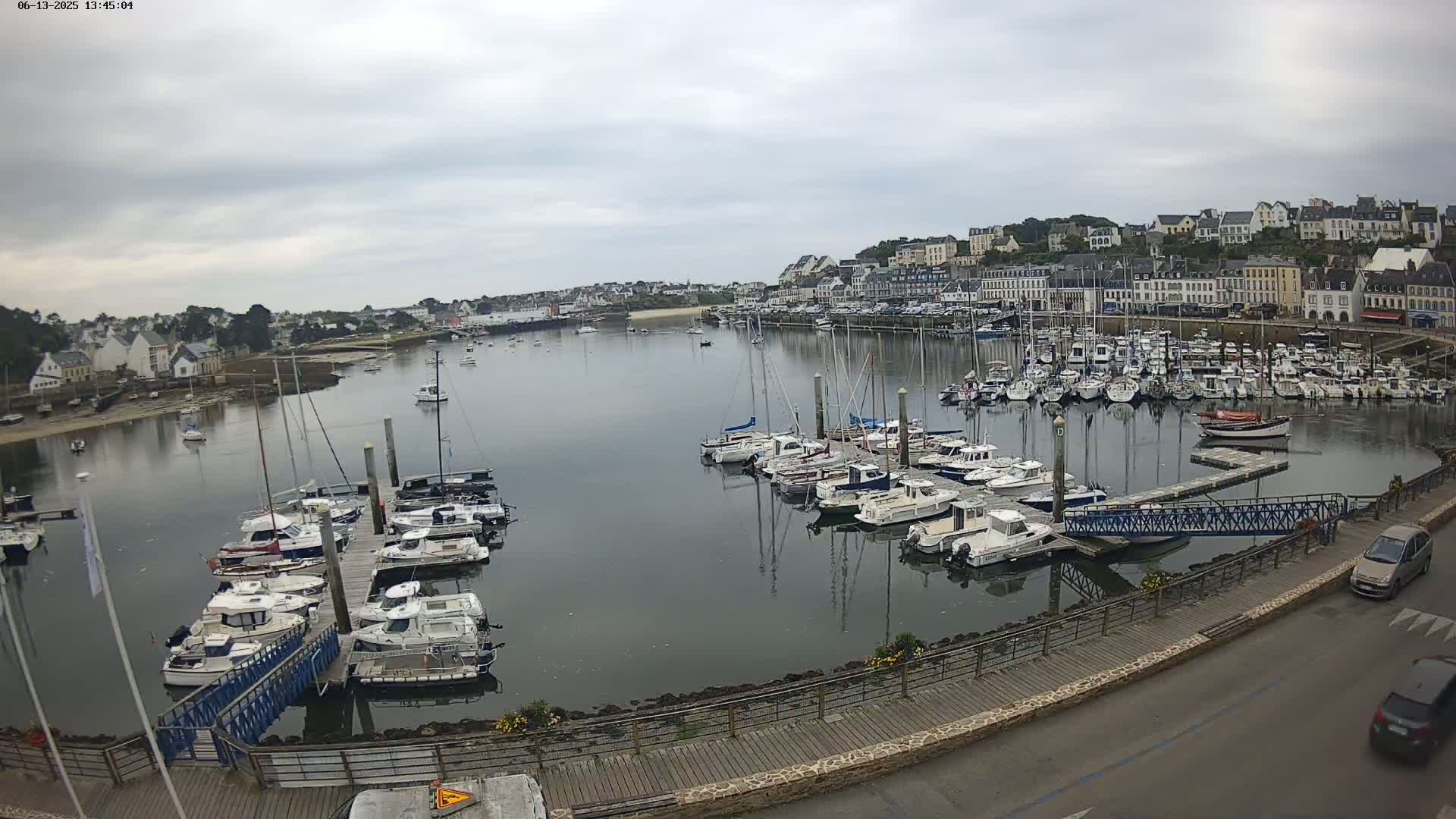 A harbor filled with numerous boats and yachts is nestled beside a town under a cloudy sky.