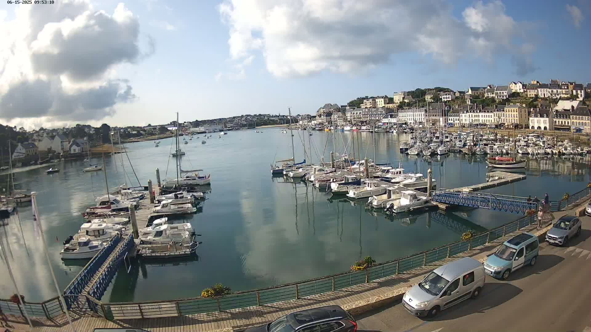 A harbor filled with numerous boats is situated in front of a town with buildings lining the waterfront under a partly cloudy sky.