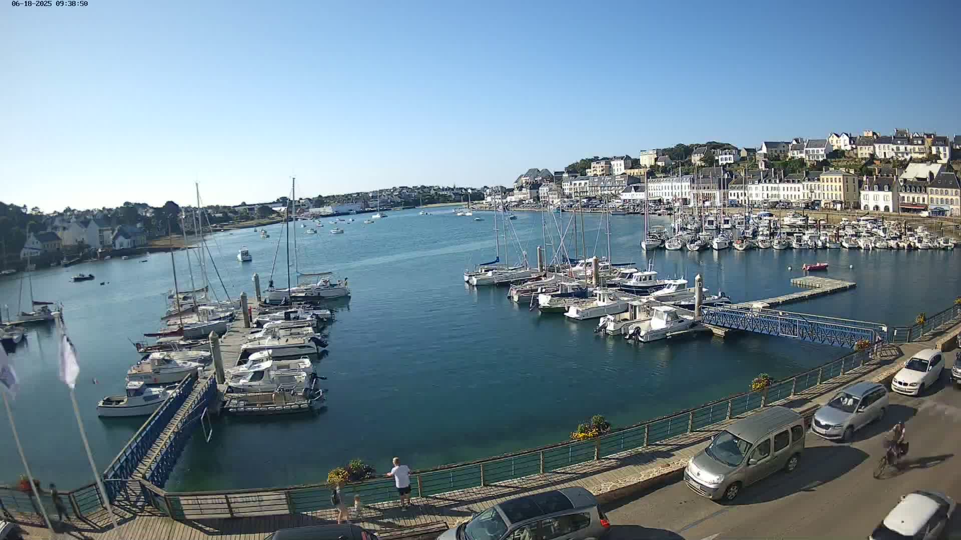 A harbor filled with sailboats and motorboats on a sunny day, with a town of white buildings visible in the background.