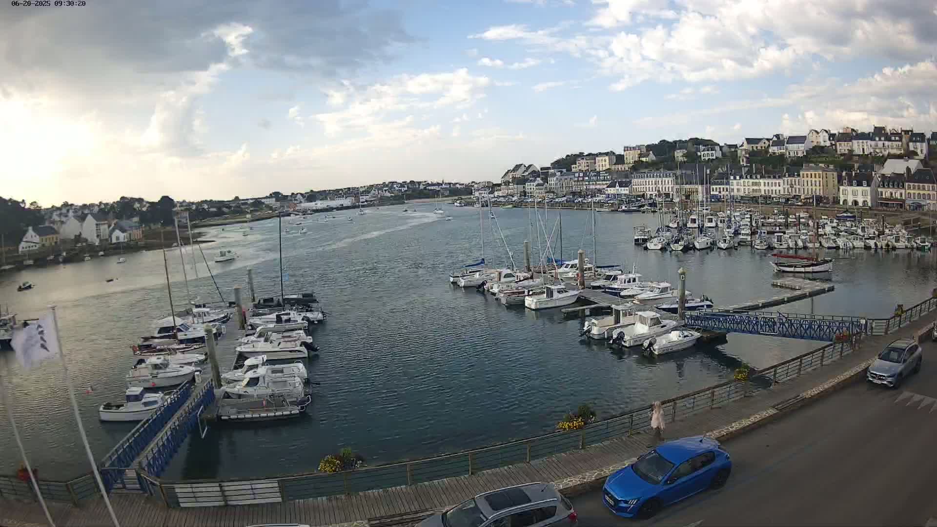 A harbor filled with numerous boats is situated next to a town under a partly cloudy sky.
