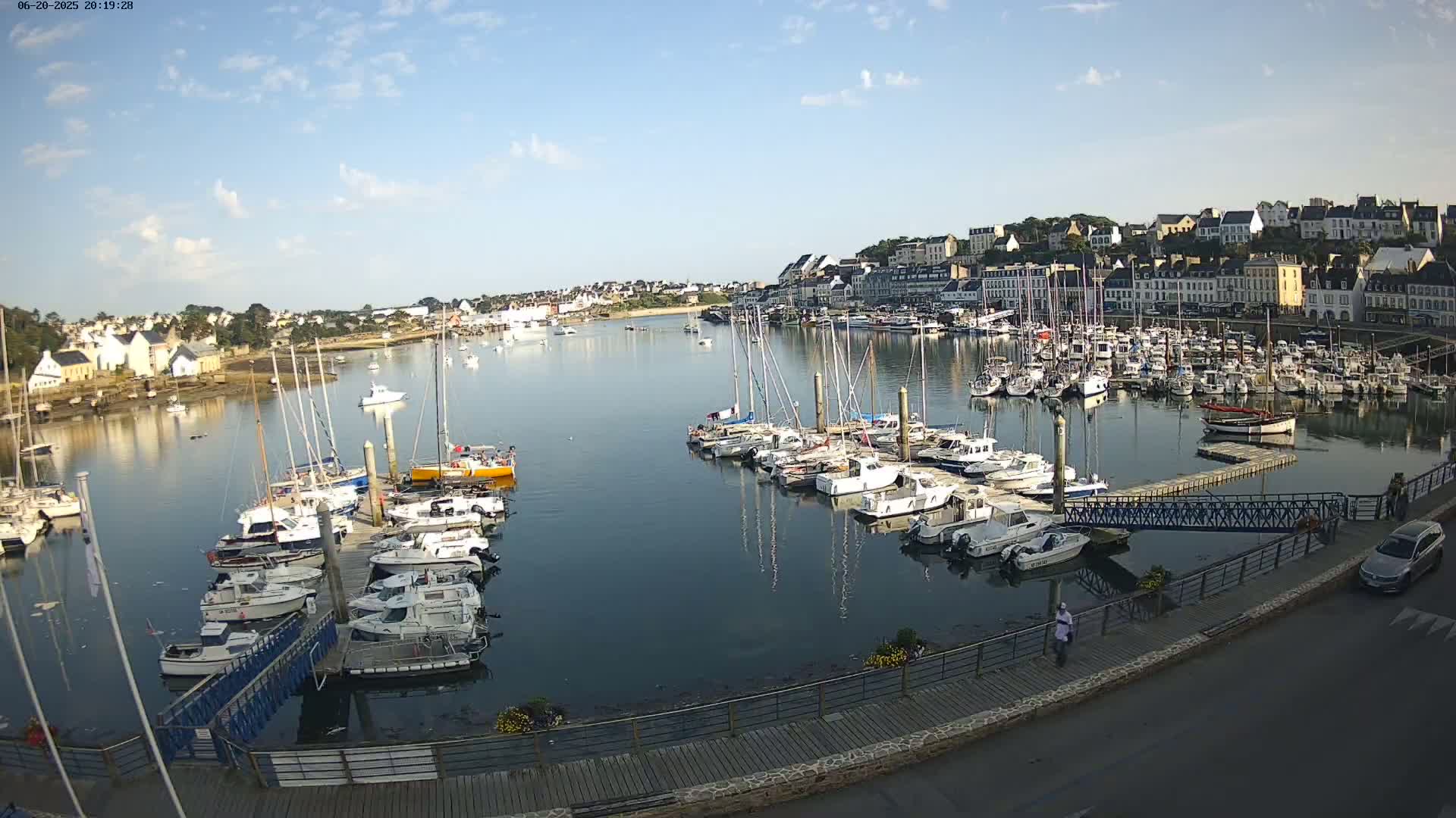 A harbor filled with sailboats and motorboats under a mostly clear sky, with a town visible in the background.