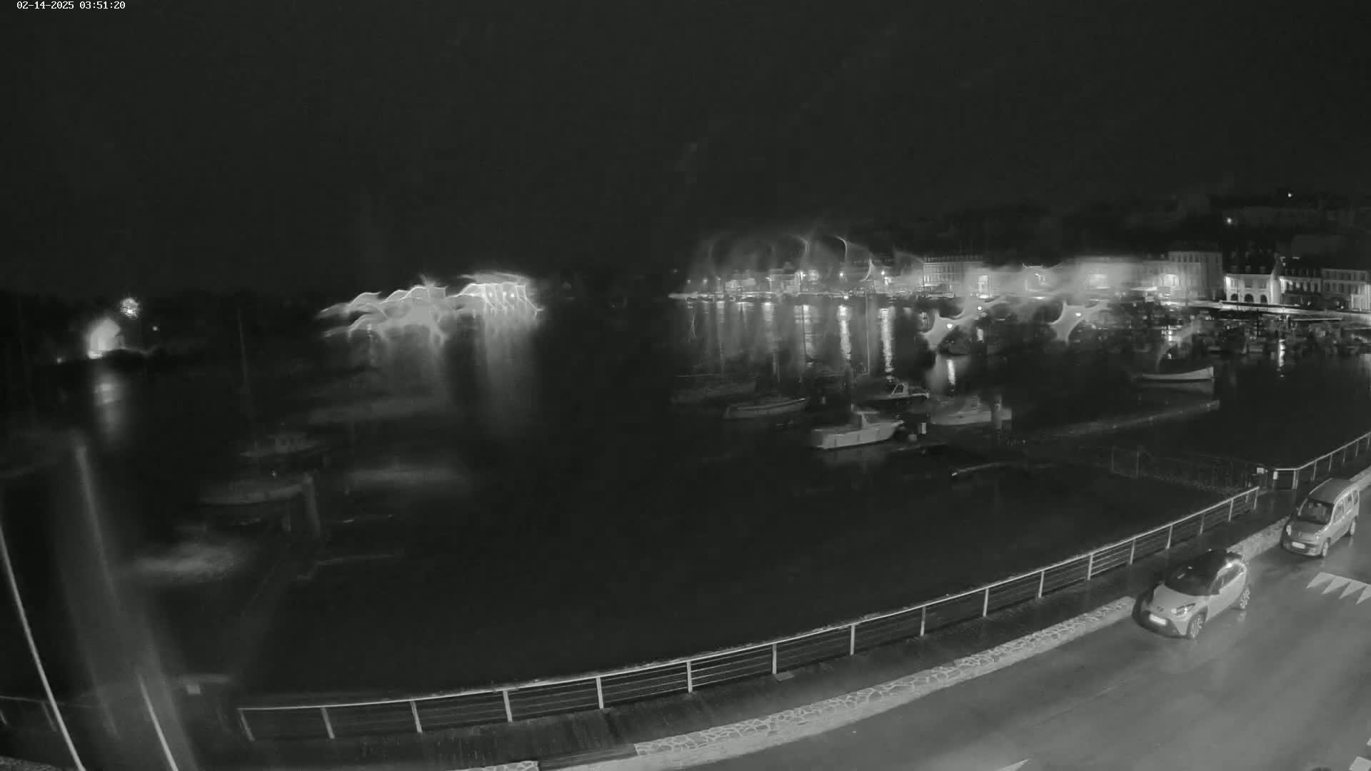 A nighttime, rain-slicked harbor scene shows numerous boats moored near a waterfront town illuminated with lights.