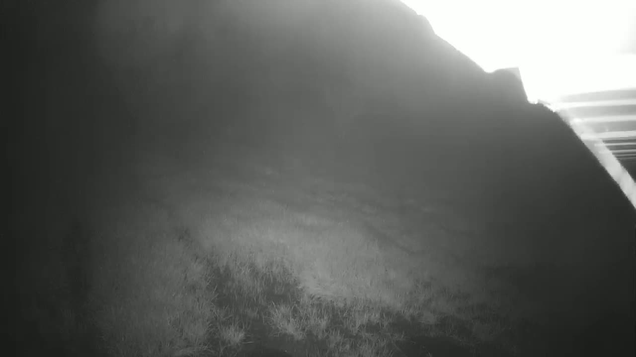 A hazy, dimly lit outdoor scene shows a grassy area sloping up to a large, dark hill or rock formation.