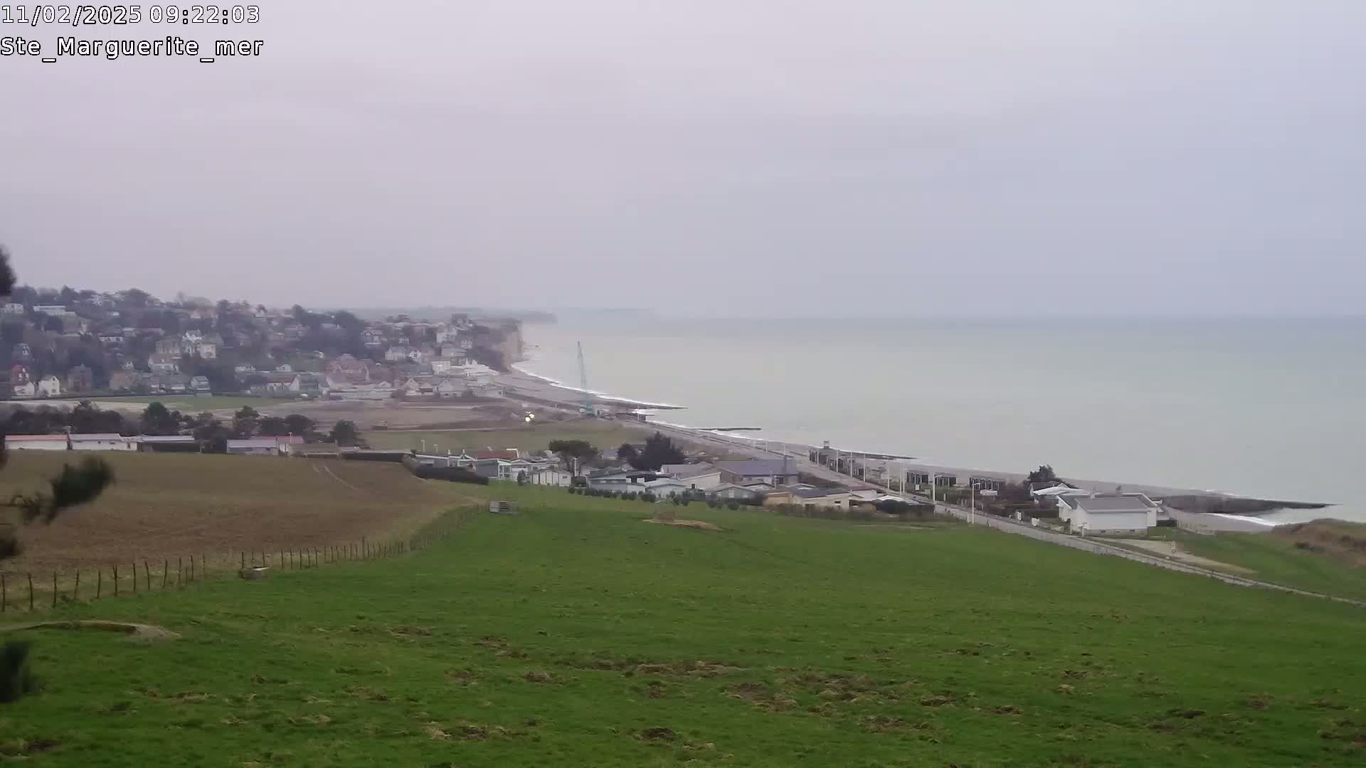 A coastal town sits on a cliff overlooking a calm, gray sea under an overcast sky, with green fields stretching out in the foreground.