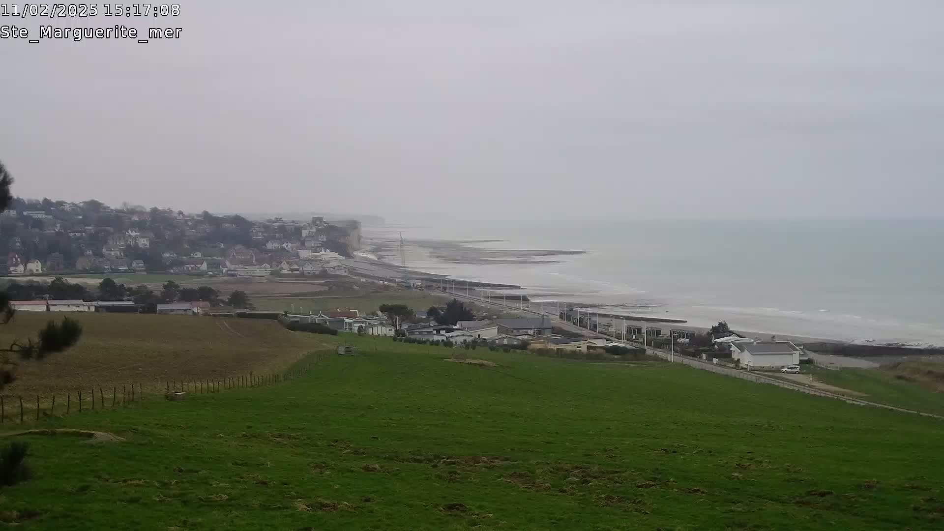 A coastal town sits below a hill of green pasture overlooking a calm, gray ocean on an overcast day.