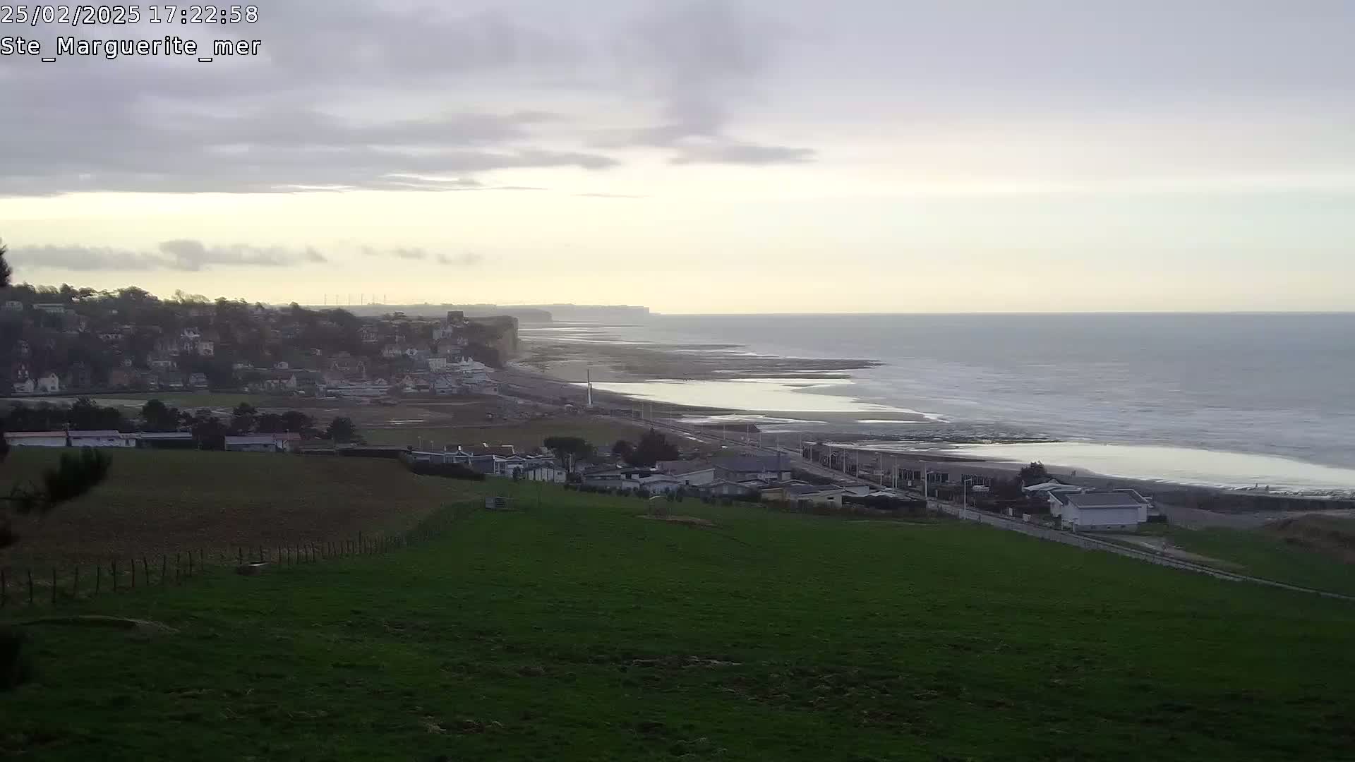 A coastal town sits below a verdant hillside overlooking a calm sea under an overcast sky.