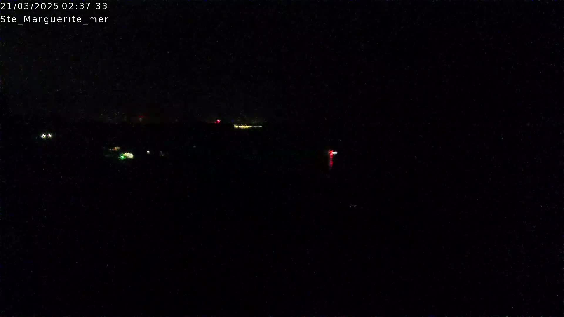 A nighttime, low-light view of a dark landscape with a few distant, faint lights visible.