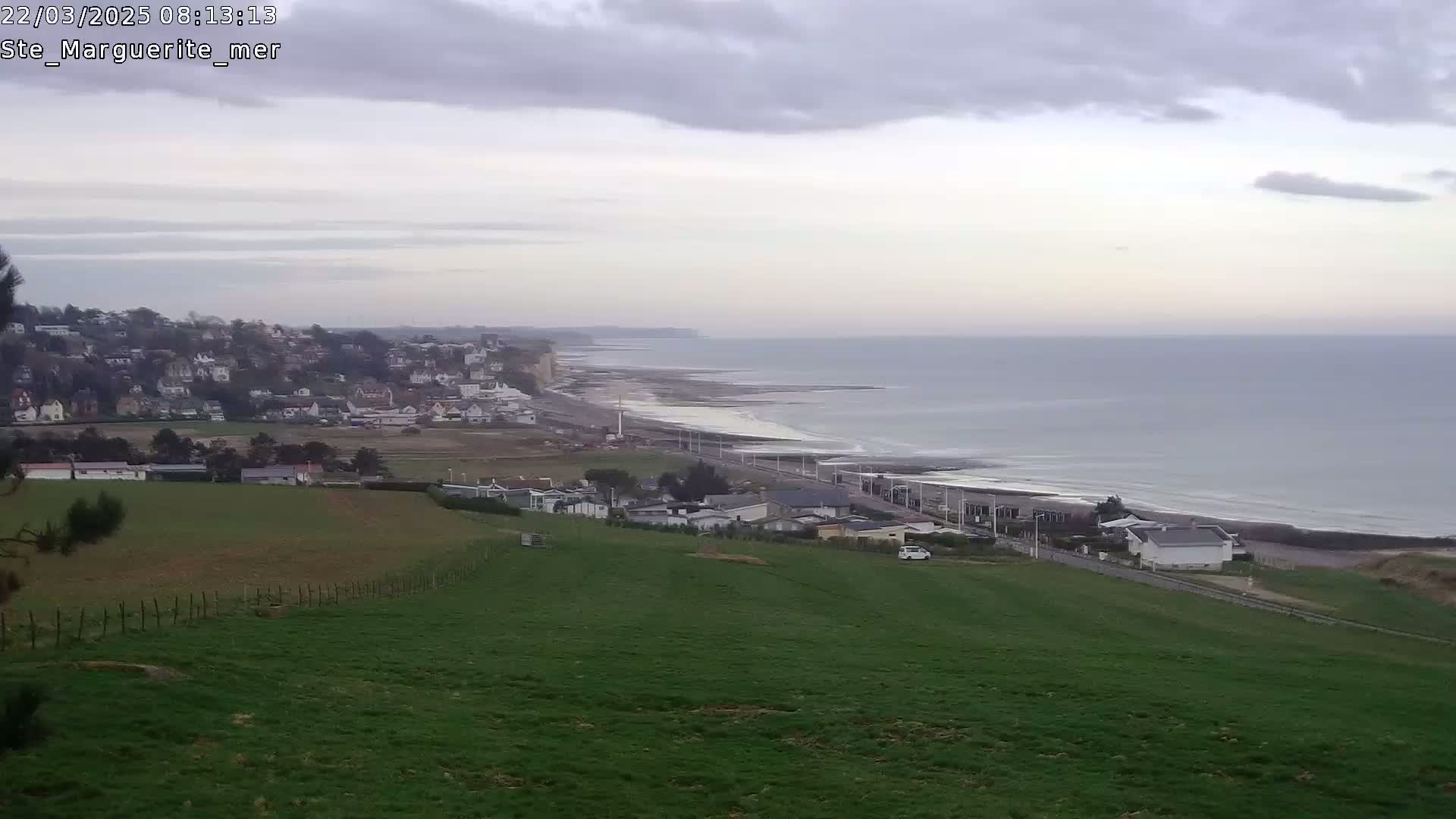 A coastal town overlooks a calm ocean under an overcast sky, with green fields stretching from the foreground to the buildings.