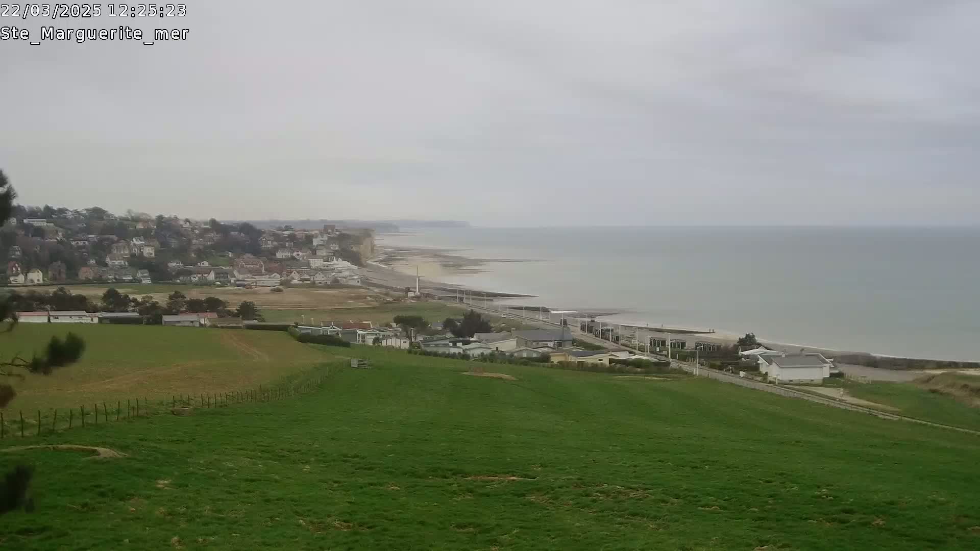 A coastal view on an overcast day shows a grassy hillside overlooking a town, a beach, and a calm sea with white cliffs in the distance.
