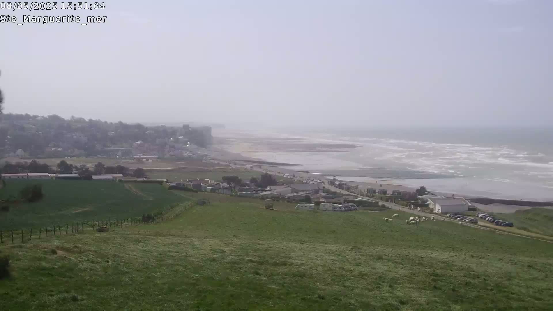 A hazy, windy day shows a coastal view of a town nestled beside a beach and ocean with a grassy hillside in the foreground, featuring some sheep.