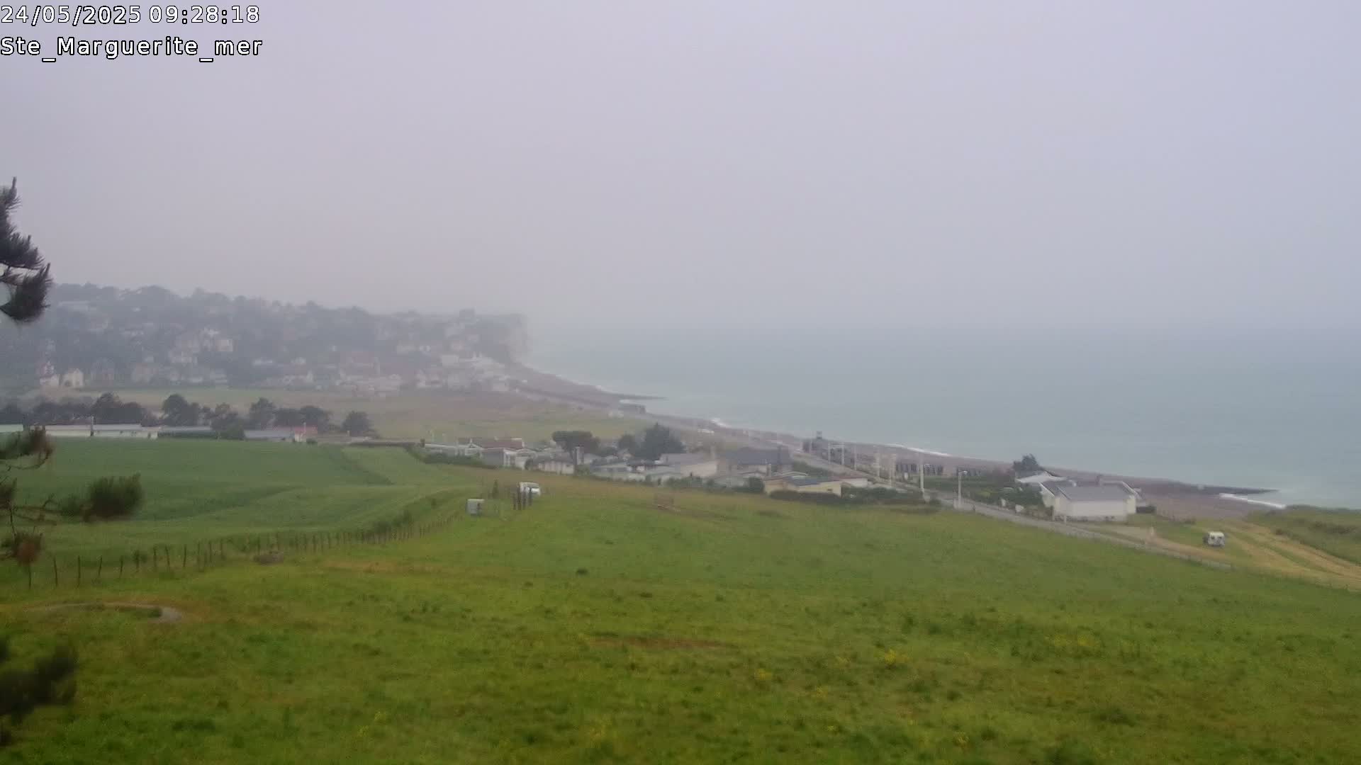 A hazy, overcast view shows a green hillside overlooking a coastal town and ocean, under a gray sky.
