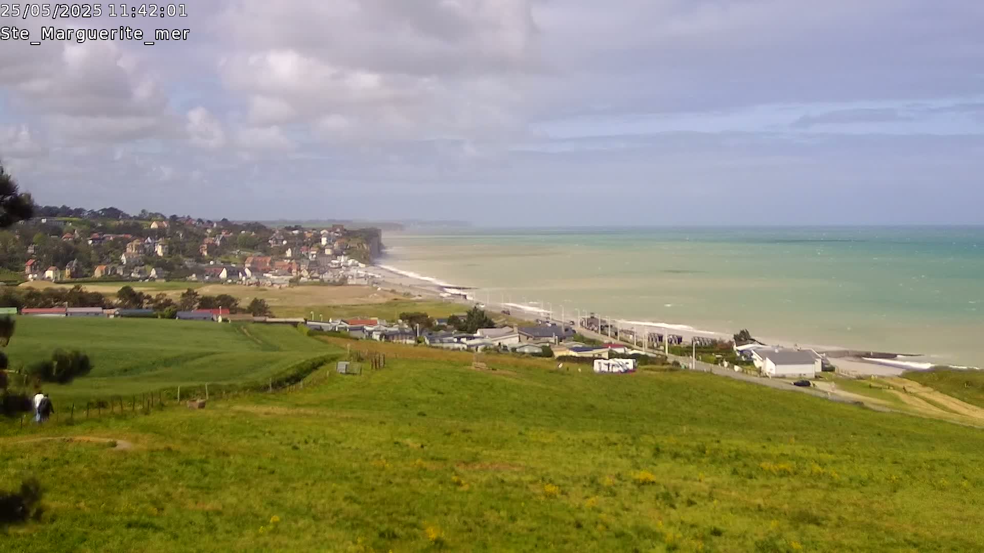 A coastal town nestled against a cliff overlooks a calm, light-green sea under a partly cloudy sky.