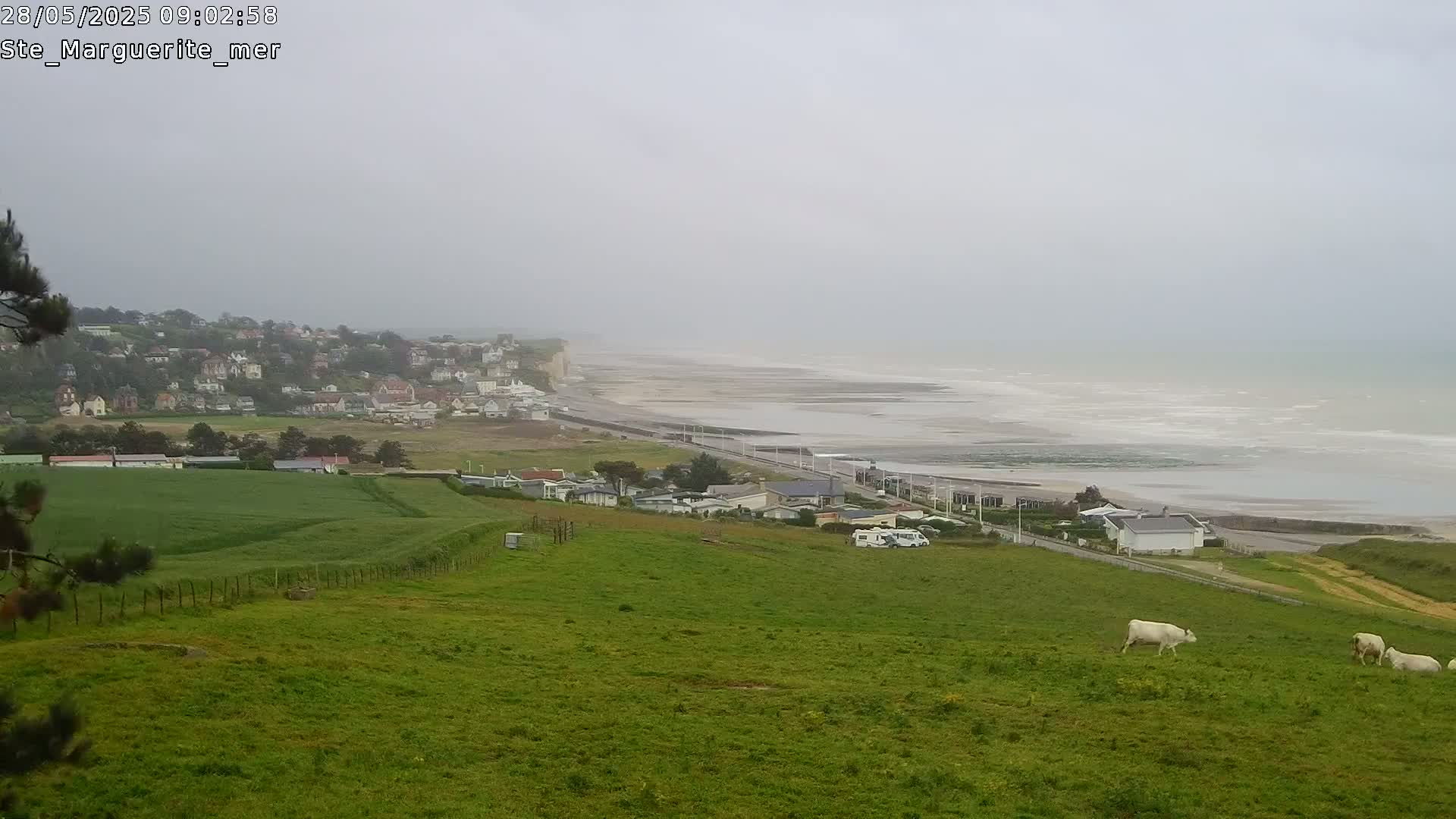 A coastal town sits below a grassy hill overlooking a beach with calm waves under an overcast sky.