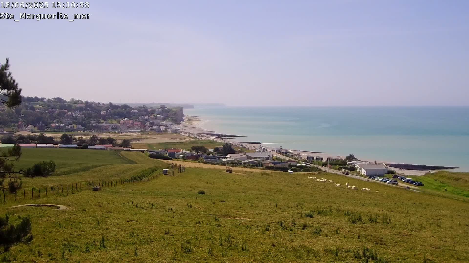 A grassy hillside overlooks a coastal town and a calm, light-blue ocean meeting white cliffs under a clear sky.