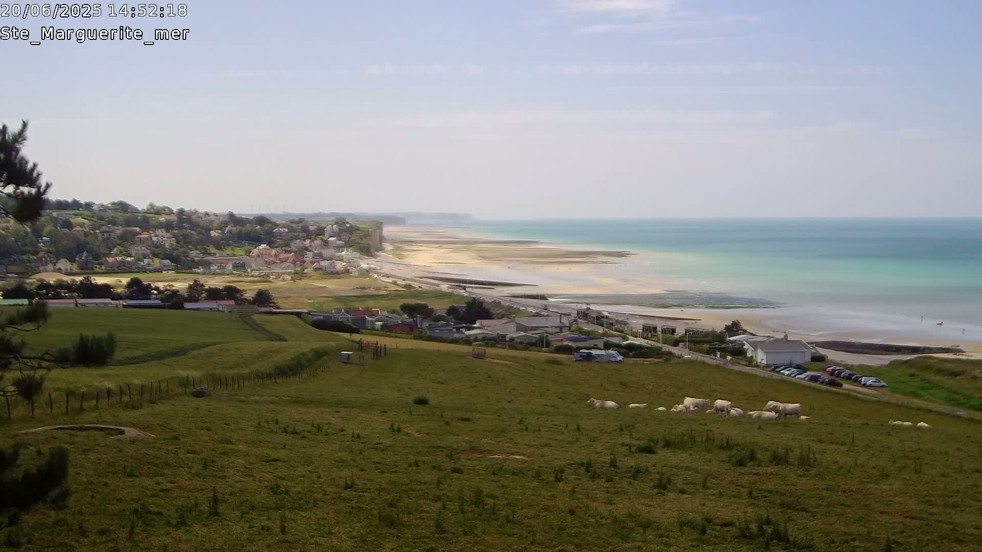 A coastal scene on a partly cloudy day shows a grassy hillside with cattle, a town nestled below, a sandy beach, and a pale turquoise ocean stretching to the horizon with white cliffs visible in the distance.