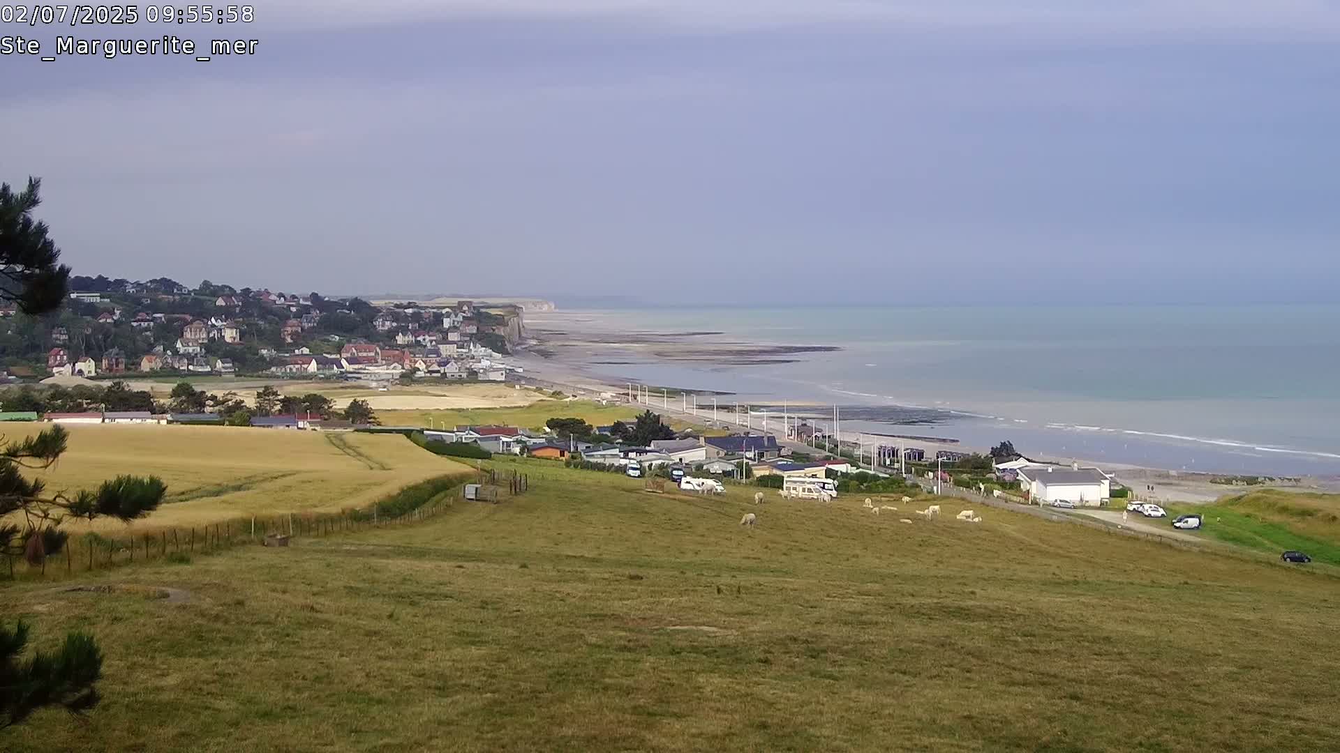 A coastal town sits below a grassy hill overlooking a wide sandy beach and calm ocean under an overcast sky.