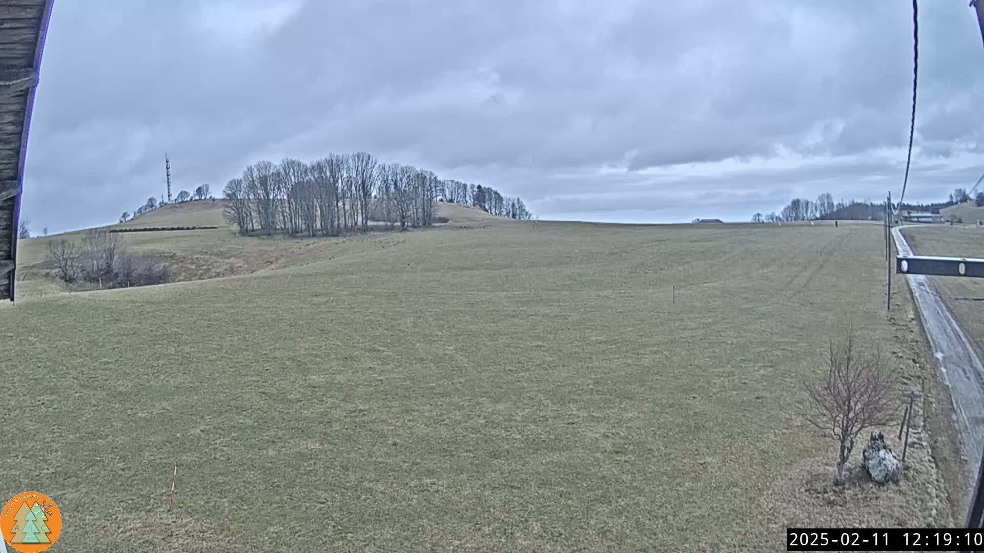 A wide, flat field stretches towards a gently sloping hill dotted with bare trees under a cloudy sky.