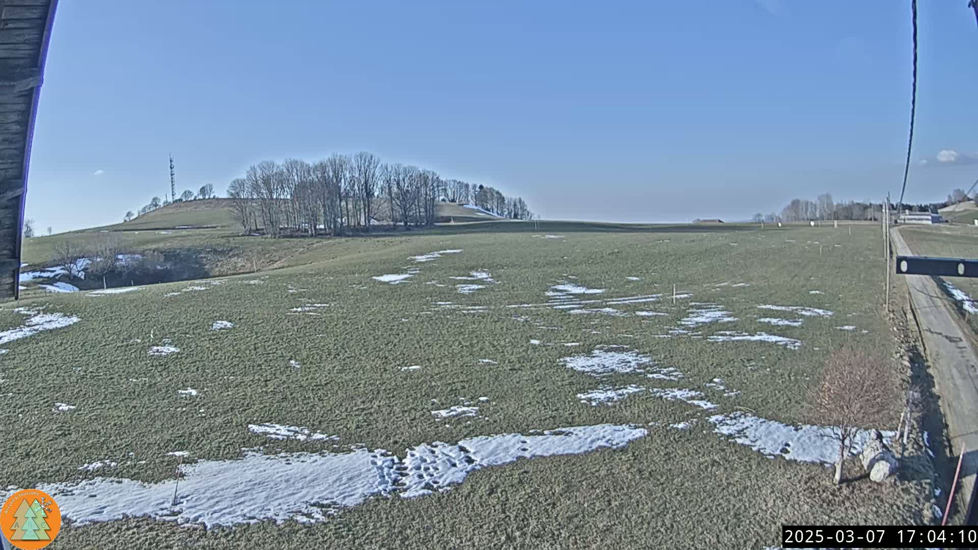 A mostly sunny, cold day with patches of snow on a large, grassy field, extending to a treeline on a hill in the distance.