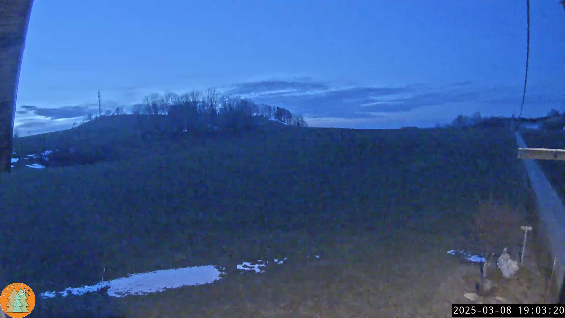 A dark, flat field with patches of snow under a twilight sky showing a line of trees on a distant hill.