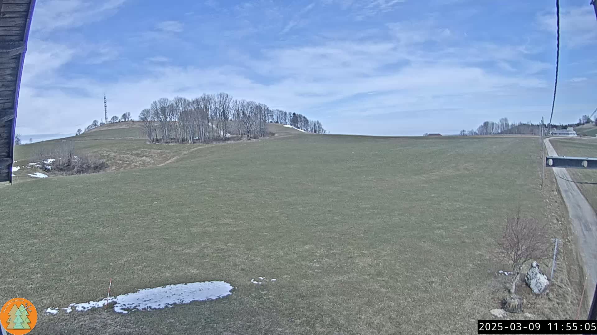 A mostly sunny day reveals a large expanse of grassy field, a small hill topped with bare trees in the distance, and a dirt road to the right.