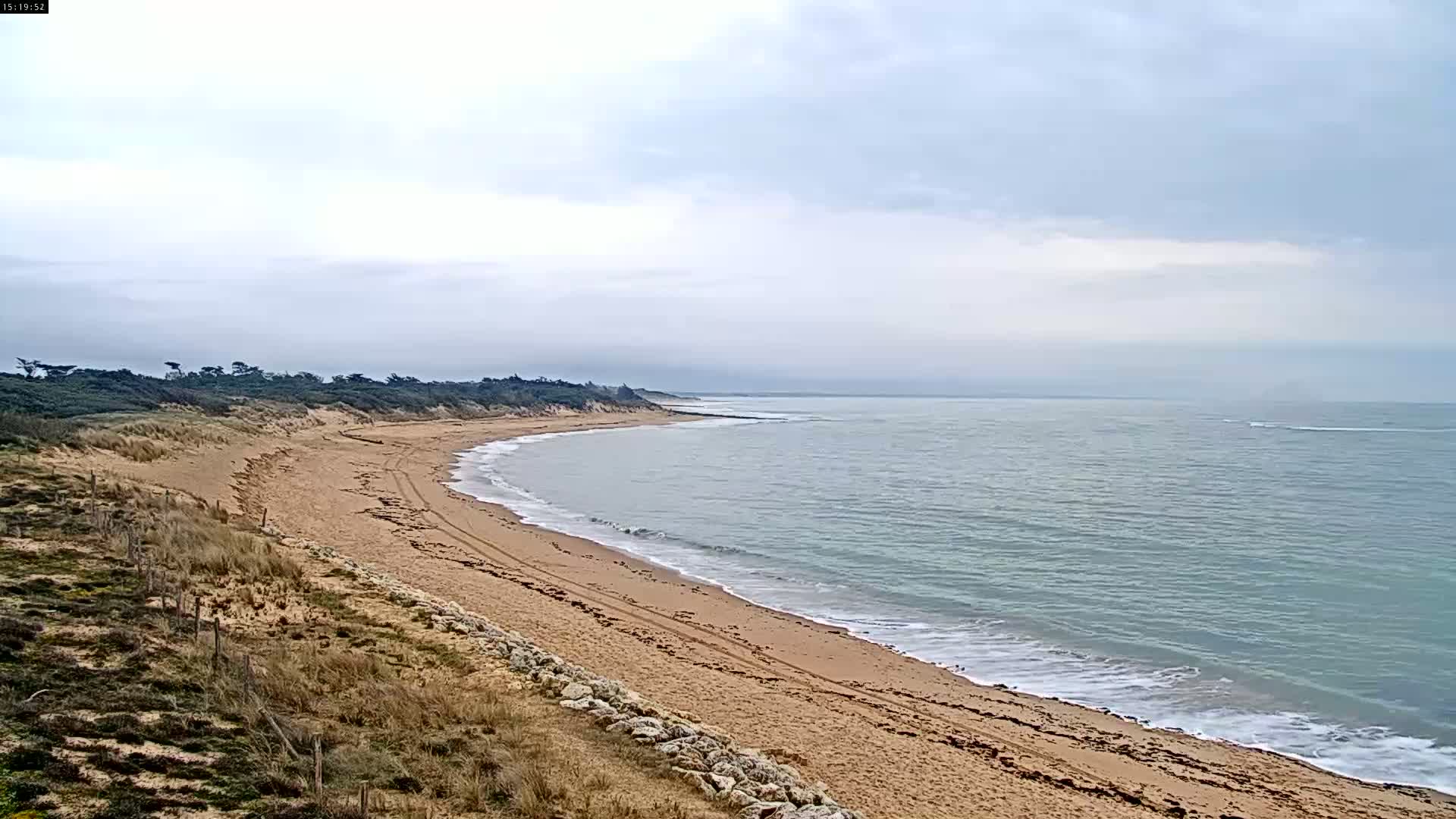 A sandy beach curves along a calm, gray-blue ocean under an overcast sky.