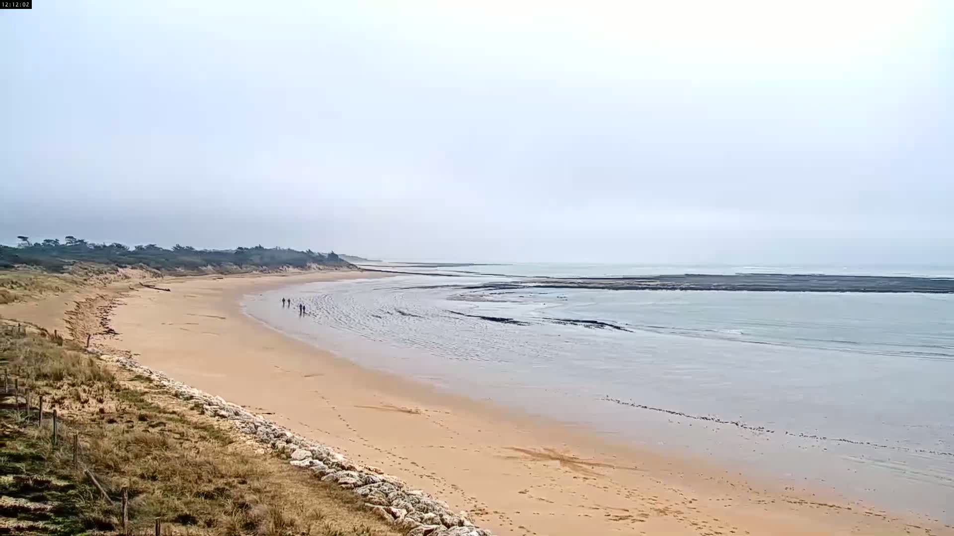 A sandy beach stretches out to a calm, light-grey ocean under an overcast sky, with a few people walking along the shoreline.