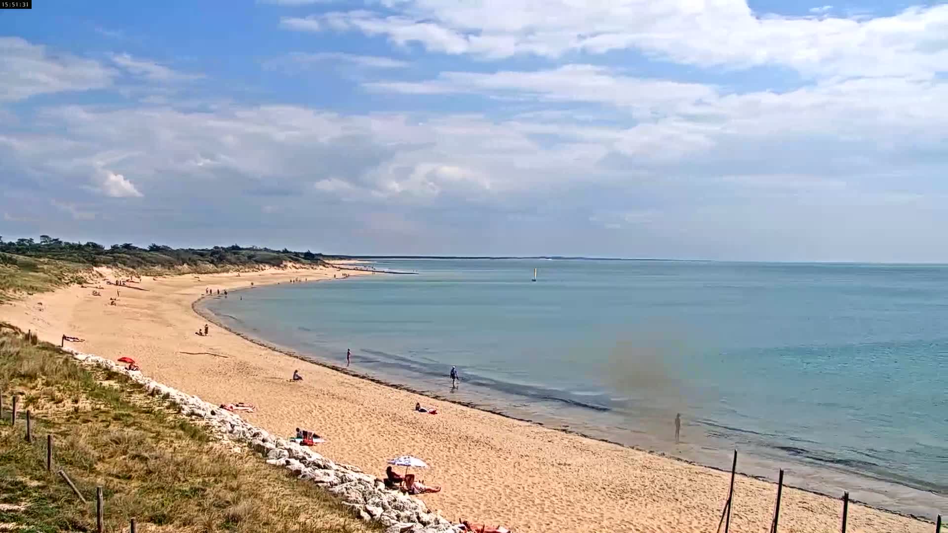 A sandy beach with scattered sunbathers stretches along a calm, light-blue ocean under a partly cloudy sky.