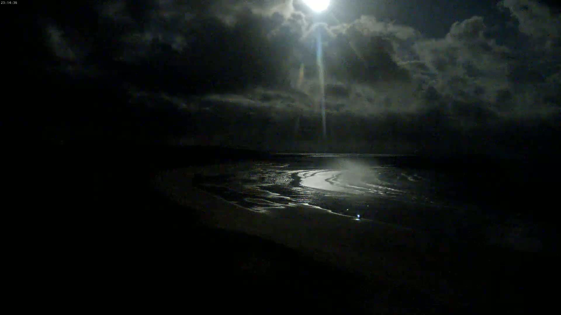 A nighttime view of a dark, moonlit beach with cloudy skies shows a gently curving shoreline and calm water.