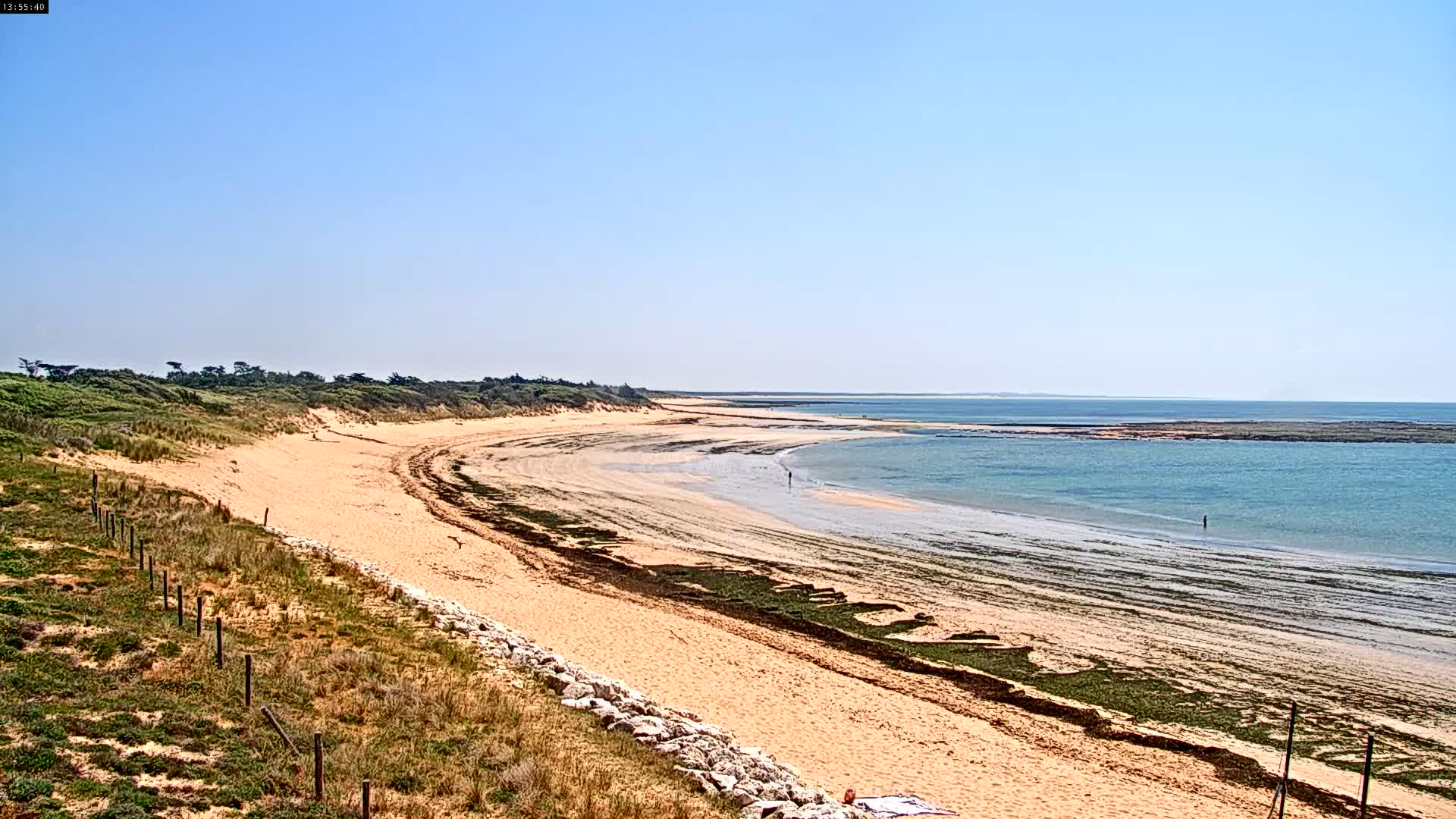 A long, sandy beach curves gently around a calm, light-blue ocean under a clear, bright blue sky.