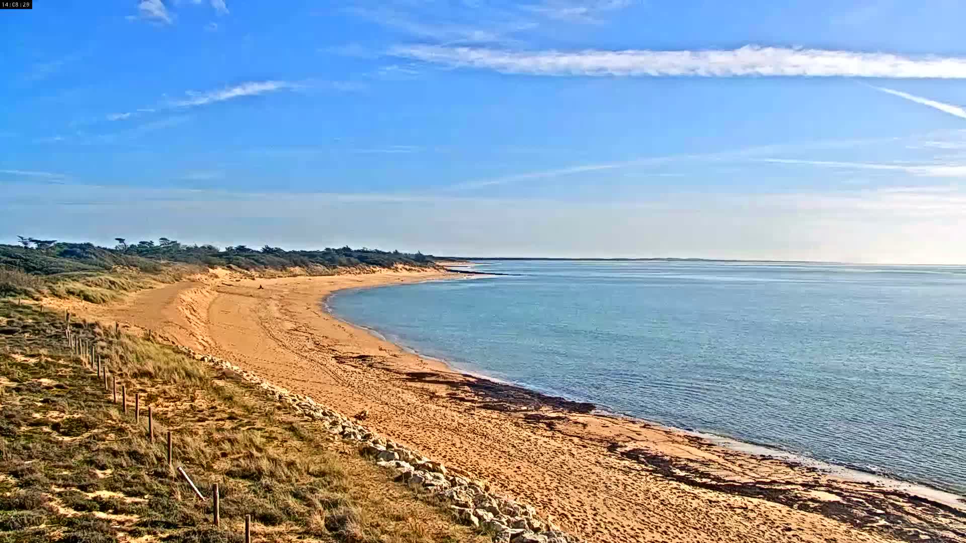 A nighttime, low-light view of a calm body of water under a dark, cloudy sky.